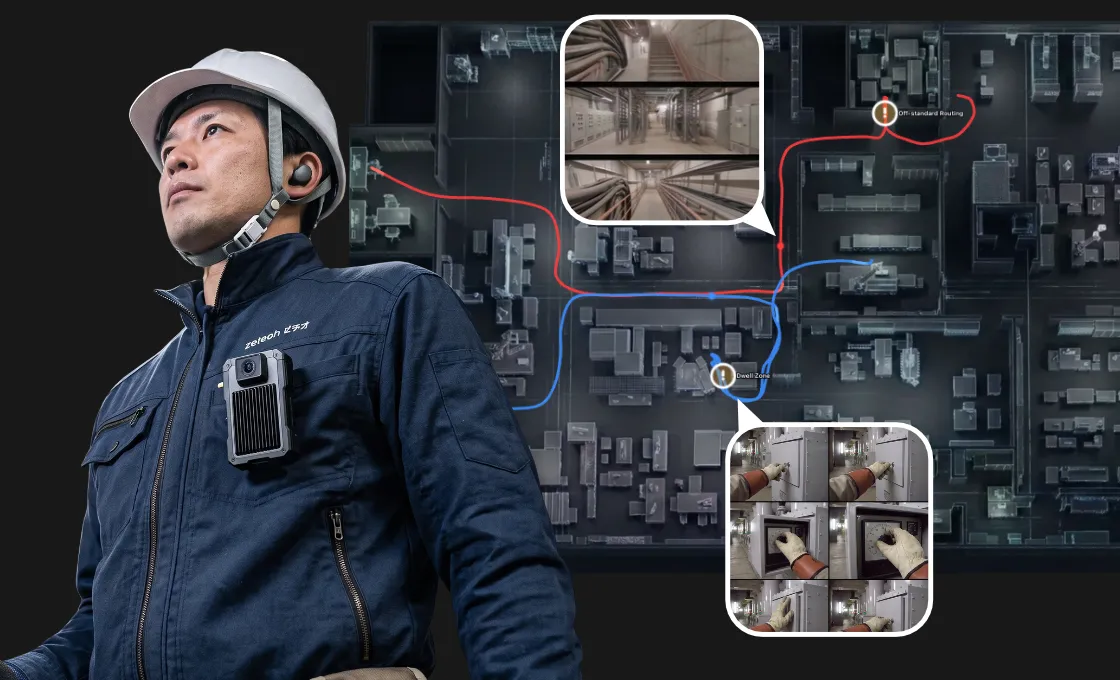 Routes on a digital twin alongside video of the worker's hands
