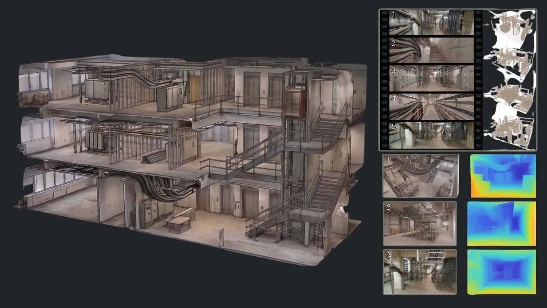 A 3D model of a site rebuilt from walkthrough footage